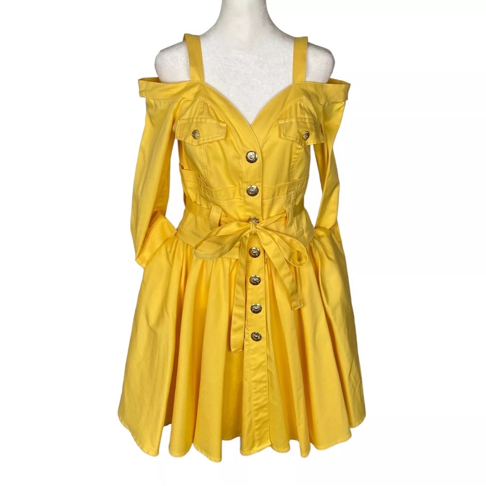 W LES FEMMES BABYLON Fit Flare Button Front Shirt Dress Yellow 44/S 12-11